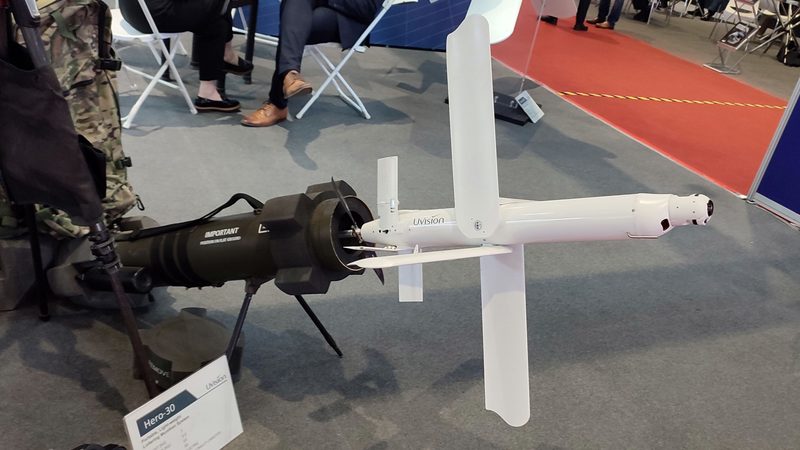 Hero-30 loitering munition full-scale mock-up at ADAS 2022 &mdash; a UVision system in the HERO family licensed by Rheinmetall