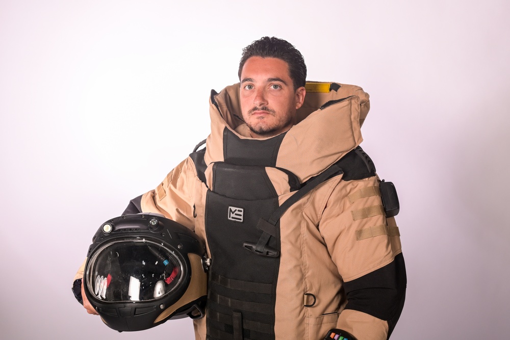 US Air Force EOD technician in bomb disposal suit