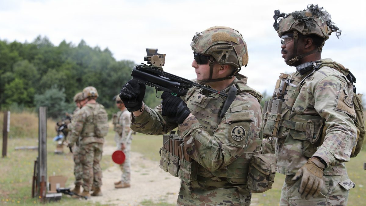 US Soldiers of 2nd Squadron, 2d Cavalry Regiment fire M320 grenade launchers at Grafenwoehr Training Area, Germany