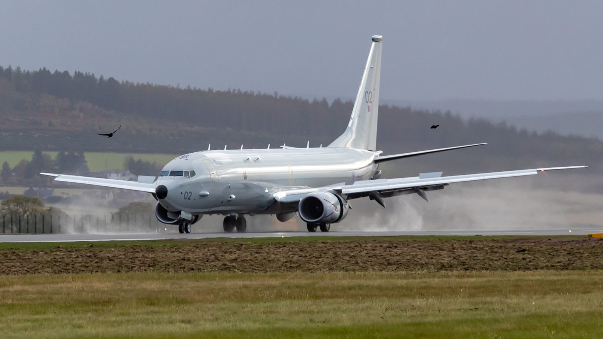RAF P-8A Poseidon maritime patrol aircraft landing at RAF Lossiemouth, Scotland. The P-8 played a central role tracking Russian submarines during the April 2026 GUGI operation.
