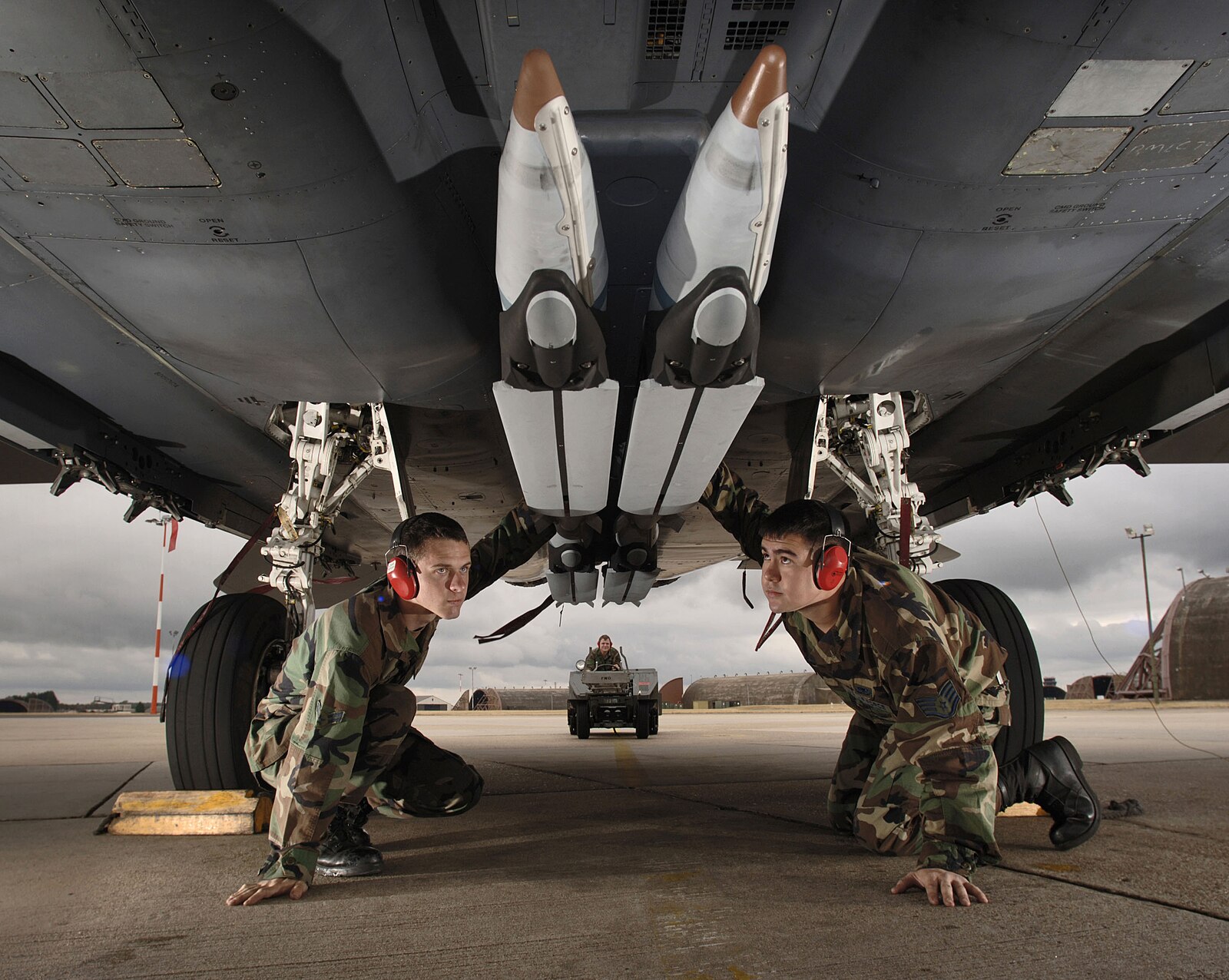 Four GBU-39/B Small Diameter Bombs mounted on a BRU-61/A bomb rack unit