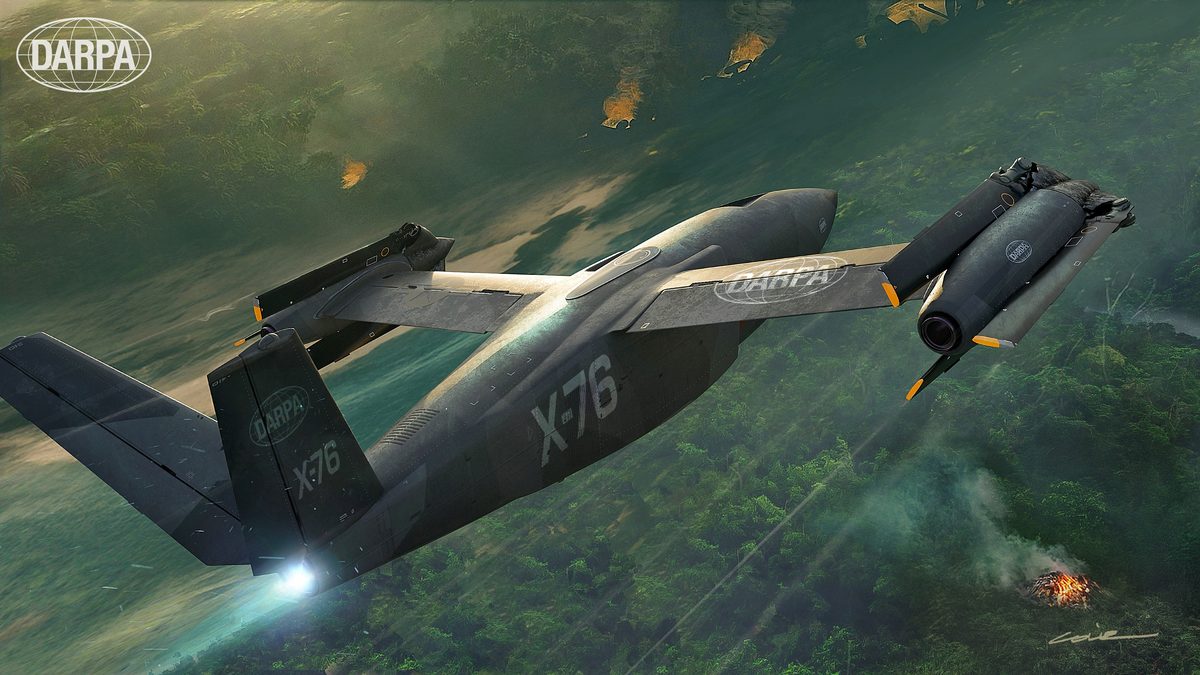 Artist&rsquo;s concept of the Bell X-76 stop-fold proprotor demonstrator under DARPA&rsquo;s SPRINT programme, transitioning from vertical lift to high-speed cruise.