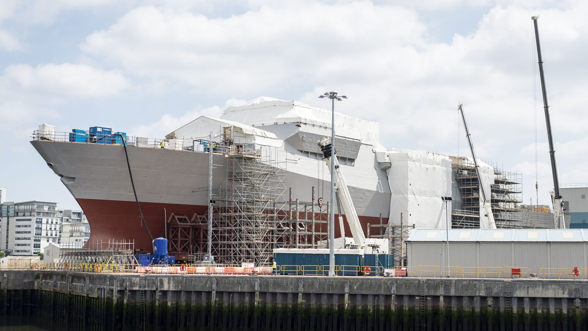 HMS Glasgow, first of the UK Royal Navy Type 26 frigates, under construction at the BAE Systems Govan shipyard on the River Clyde in June 2021