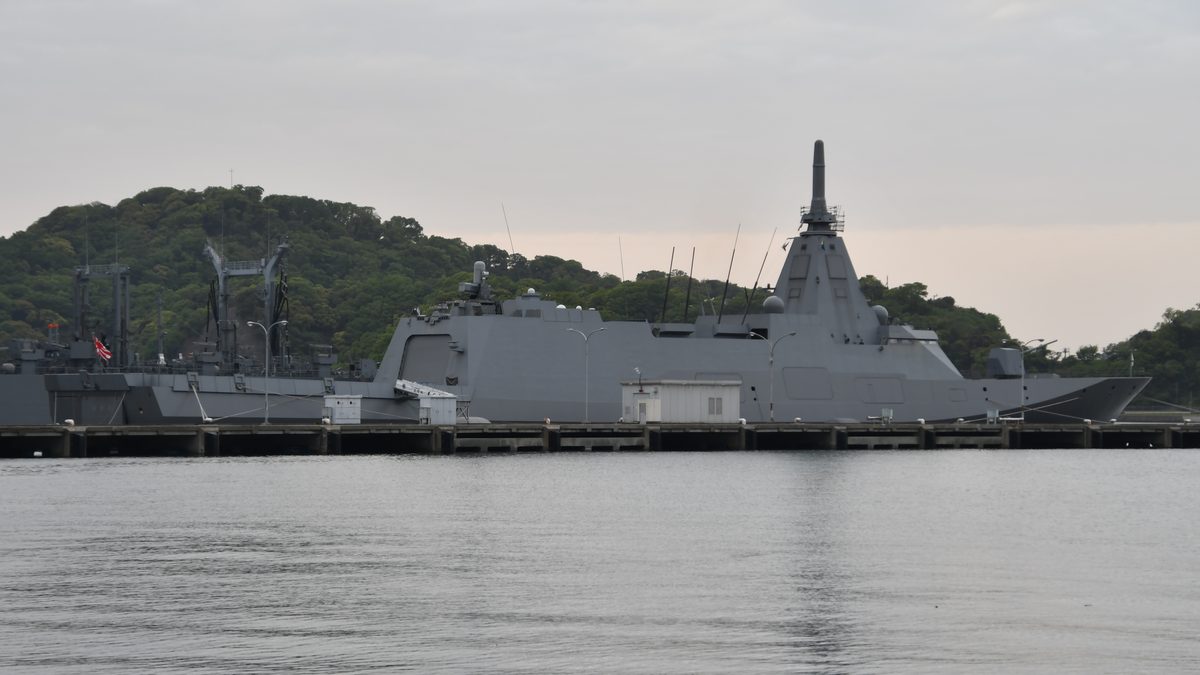 JMSDF frigate JS Mogami FFM-1 viewed from stern quarter at Yokosuka Naval Base, April 2023