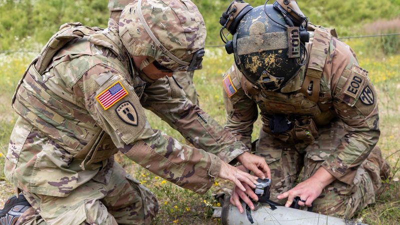 A U.S. Army EOD soldier conducts hands-on training on explosive effects and tools at the Grafenwoehr Training Area, Germany.