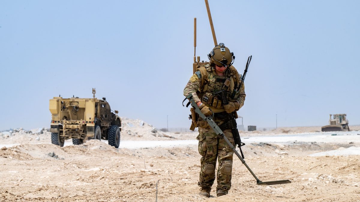 U.S. Army Staff Sgt. Bryce Prater, 756th Explosive Ordnance Disposal Company, conducts an EOD sweep during a joint force readiness exercise.