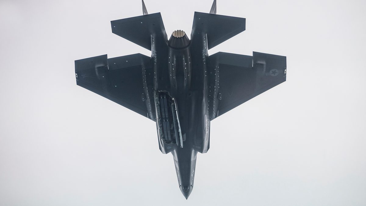 F-35C Lightning II carrying inert GBU-53/B Small Diameter Bomb II during weapon loads testing at NAS Patuxent River.
