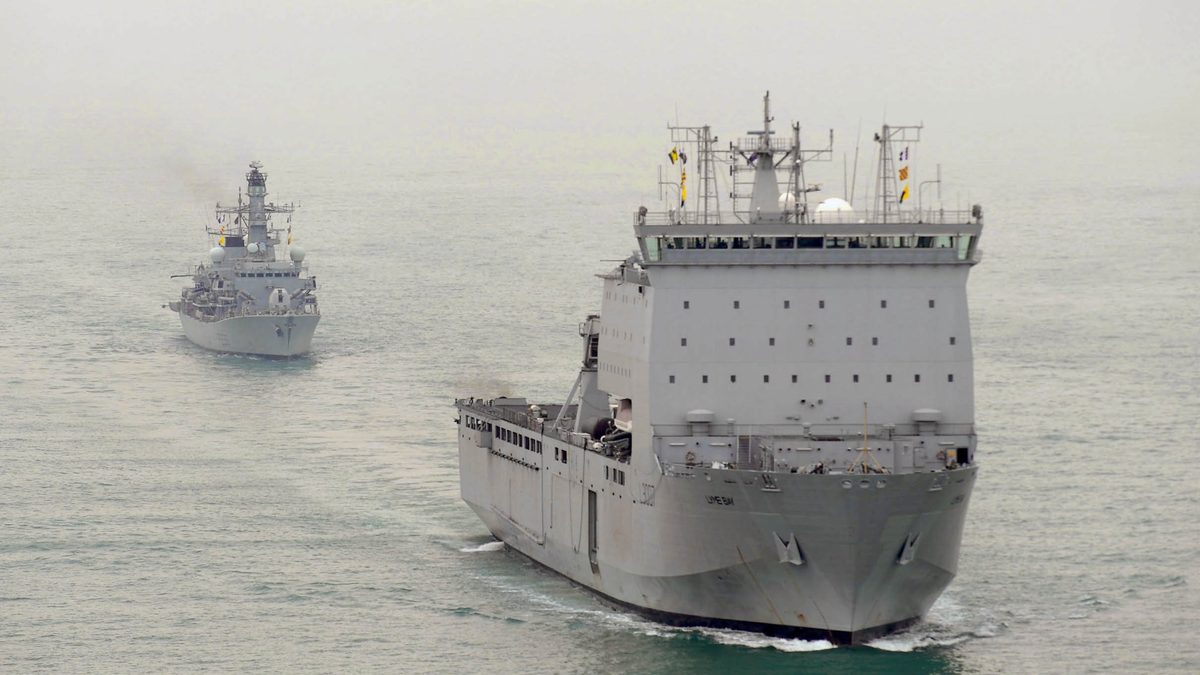 RFA Lyme Bay, a Royal Fleet Auxiliary Bay-class landing ship dock, under way at sea near Kuwait.
