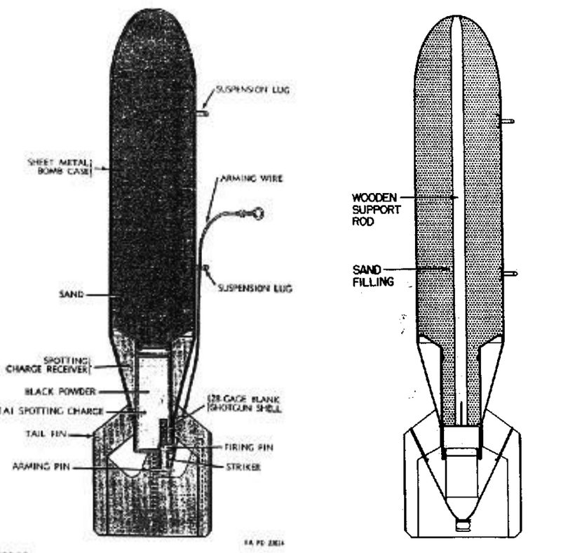 Reference photograph of an inert AN-Mk-23 / M38A2 100-lb practice aerial bomb, the type the recovered items most closely resemble by weight class.