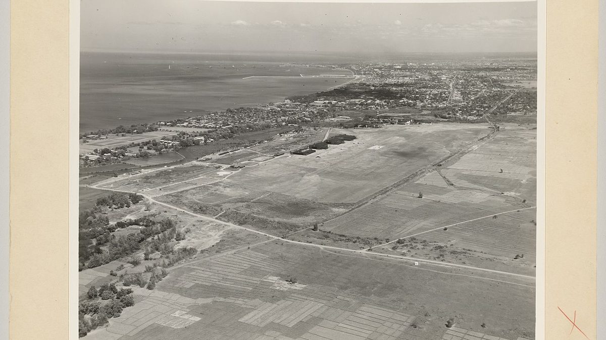 Aerial photograph of Nichols Field, Manila, 1945, showing the contested USAAF airfield that now occupies the footprint of Ninoy Aquino International Airport.