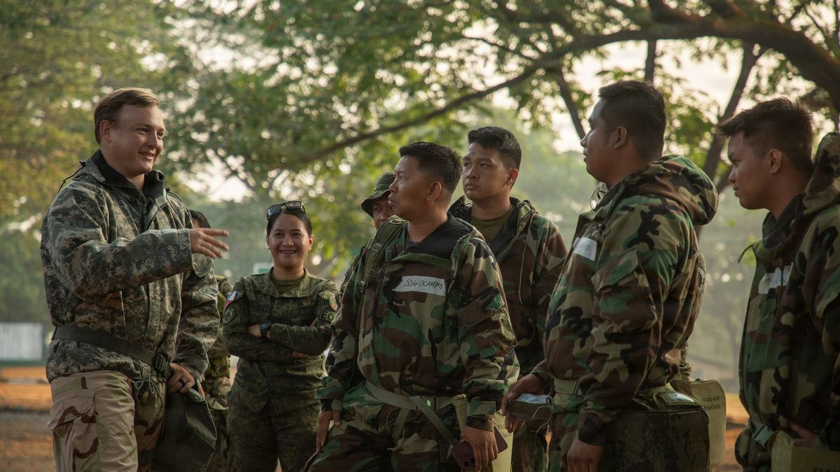 U.S. and Philippine Army Explosive Ordnance Disposal personnel mark contaminated areas during bilateral EOD and CBRN training at Camp Aquino, Philippines, April 2026.