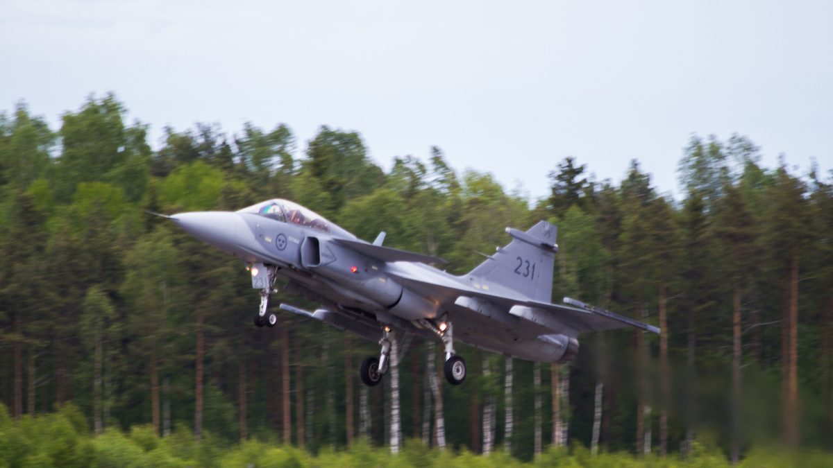 JAS-39 Gripen multirole fighter of the Swedish Air Force in flight, illustrating Saab&rsquo;s flagship export platform