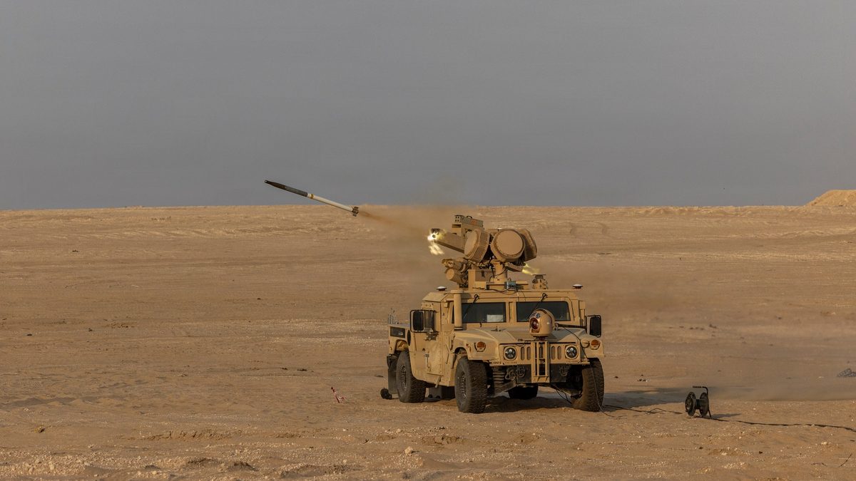 An Electronic Advanced Ground Launcher System (EAGLS) counter-UAS platform fires an Advanced Precision Kill Weapon System (APKWS) Hydra 70 rocket during Exercise Sky Shield in Kuwait, December 2025.