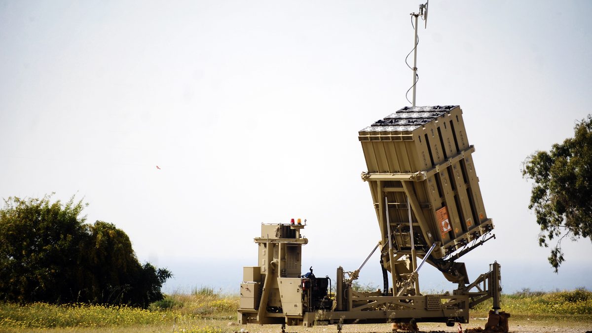 Iron Dome battery deployed near Ashkelon, Israel &mdash; Tamir interceptor launcher canisters elevated for engagement