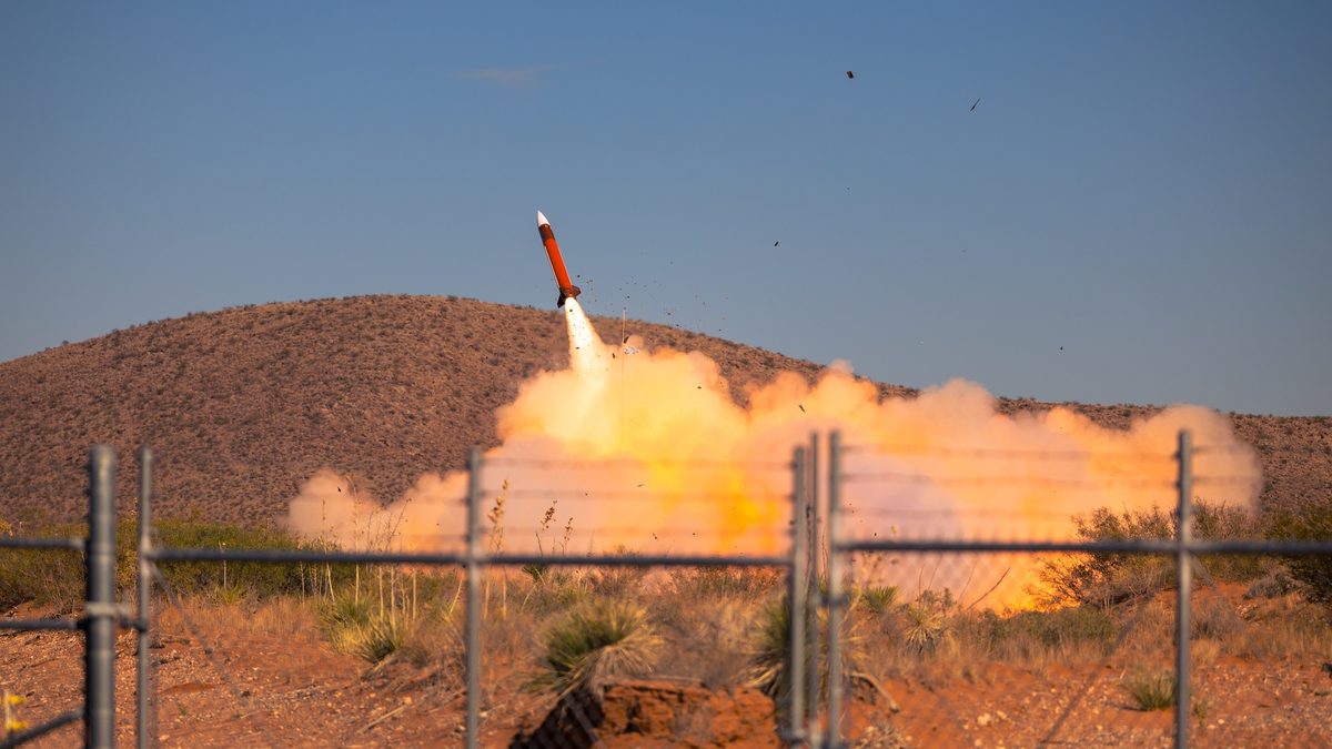 A US Army Patriot interceptor launches during a live-fire exercise on McGregor Range, New Mexico, November 2024