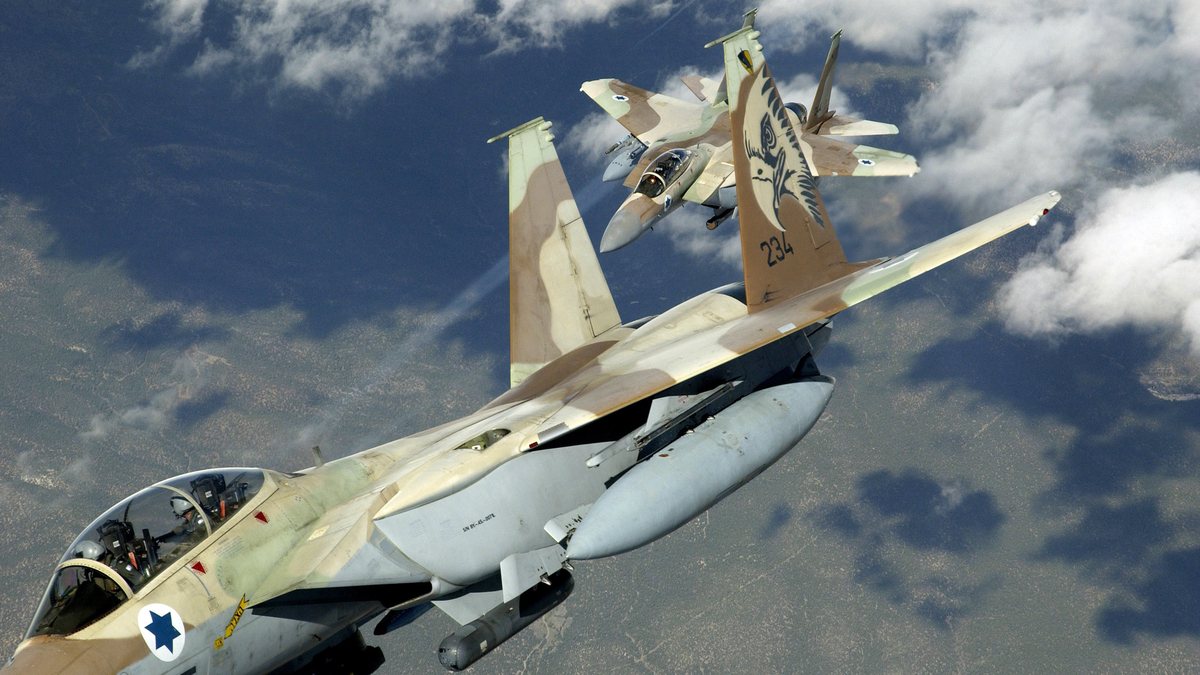 Two Israeli Air Force F-15I Ra'am aircraft of 69 Squadron flying in formation over the Nevada Test and Training Ranges during Exercise Red Flag.