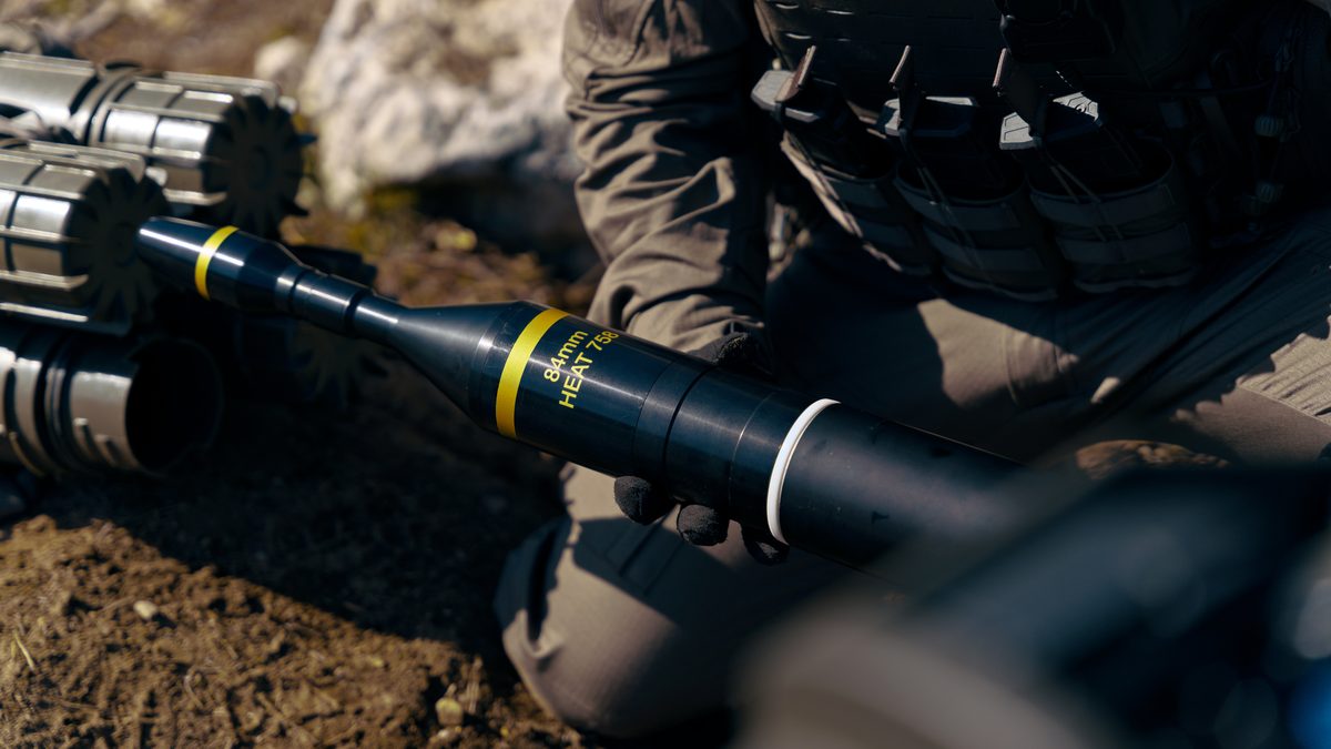 Saab&rsquo;s new HEAT 758 84&nbsp;mm tandem anti-tank round for the Carl-Gustaf M4, unveiled at Karlskoga, Sweden, May 2026.