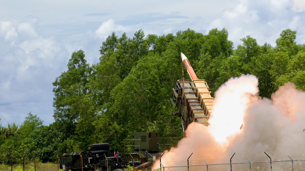 A Patriot Advanced Capability-2 interceptor fires from an M903 launching station of Battery D, 1st Battalion, 1st Air Defense Artillery Regiment during Exercise Tenacious Archer 25 in Palau