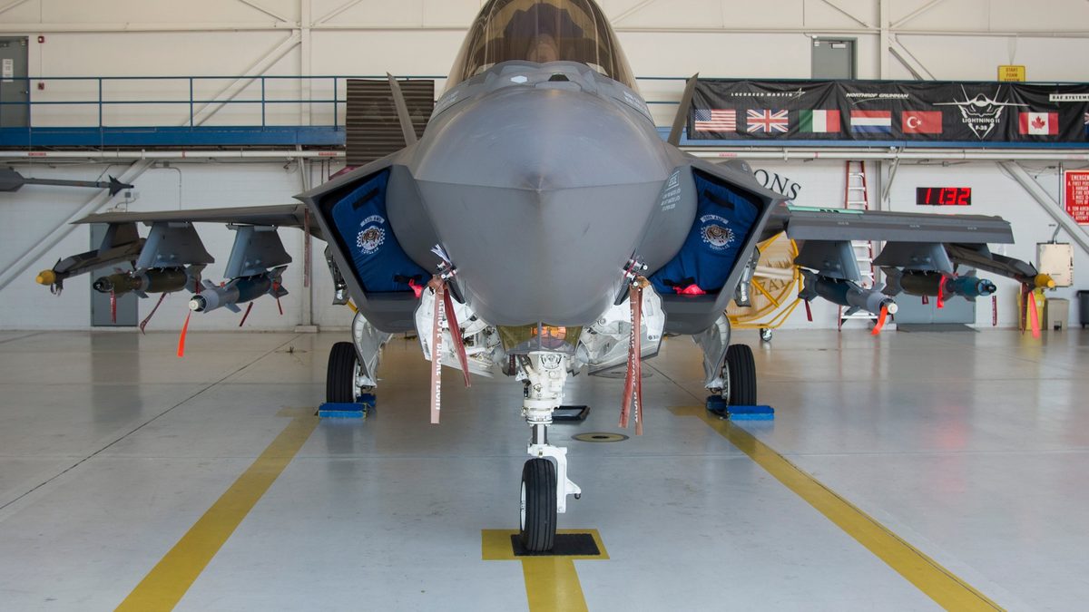 F-35A from the 58th Fighter Squadron loaded with weapons in internal bays and external pylons at Eglin Air Force Base, July 2016