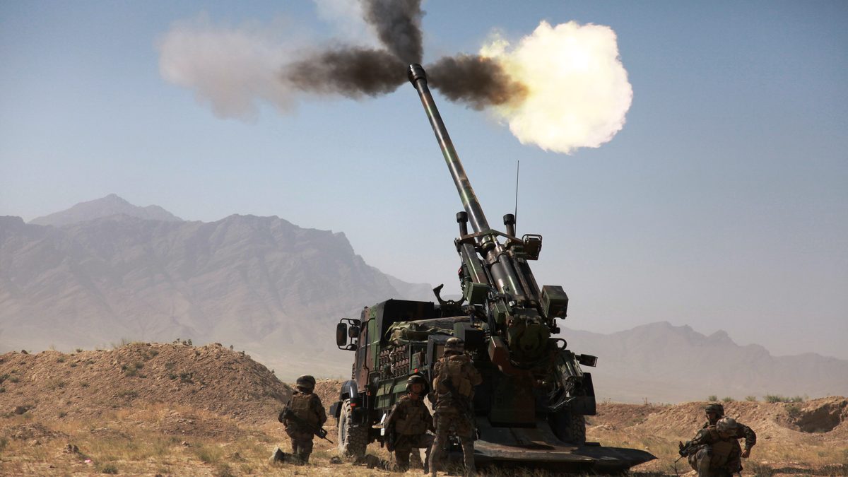 French Nexter CAESAR 155mm self-propelled howitzer firing in Afghanistan, August 2009.