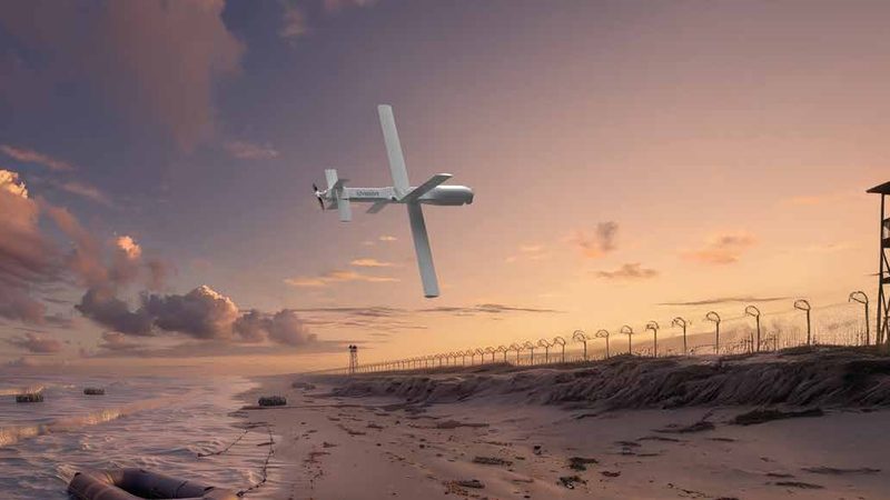 UVision HERO 120 in flight over coastal area at dusk &mdash; marketing image from UVision Air Ltd. HERO 120 brochure