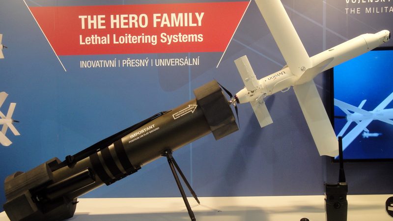 UVision HERO 30 loitering munition on display at IDET 2019, Brno — launch canister, munition with cruciform X-wing tail surfaces and portable ground control unit visible