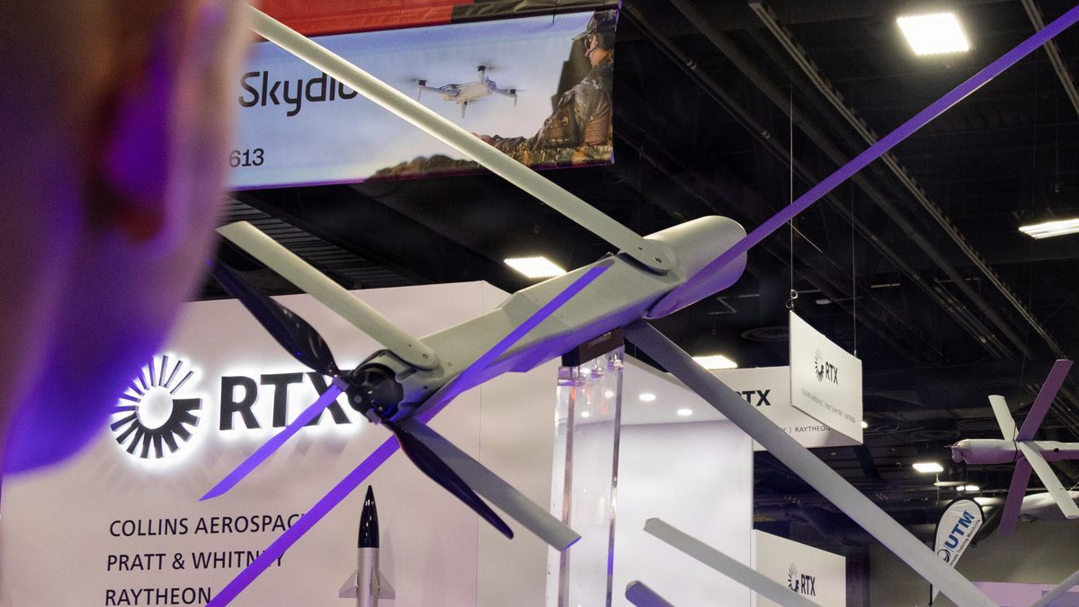 A US Marine views HERO loitering munitions on display at Modern Day Marine 2026, Washington DC, April 2026