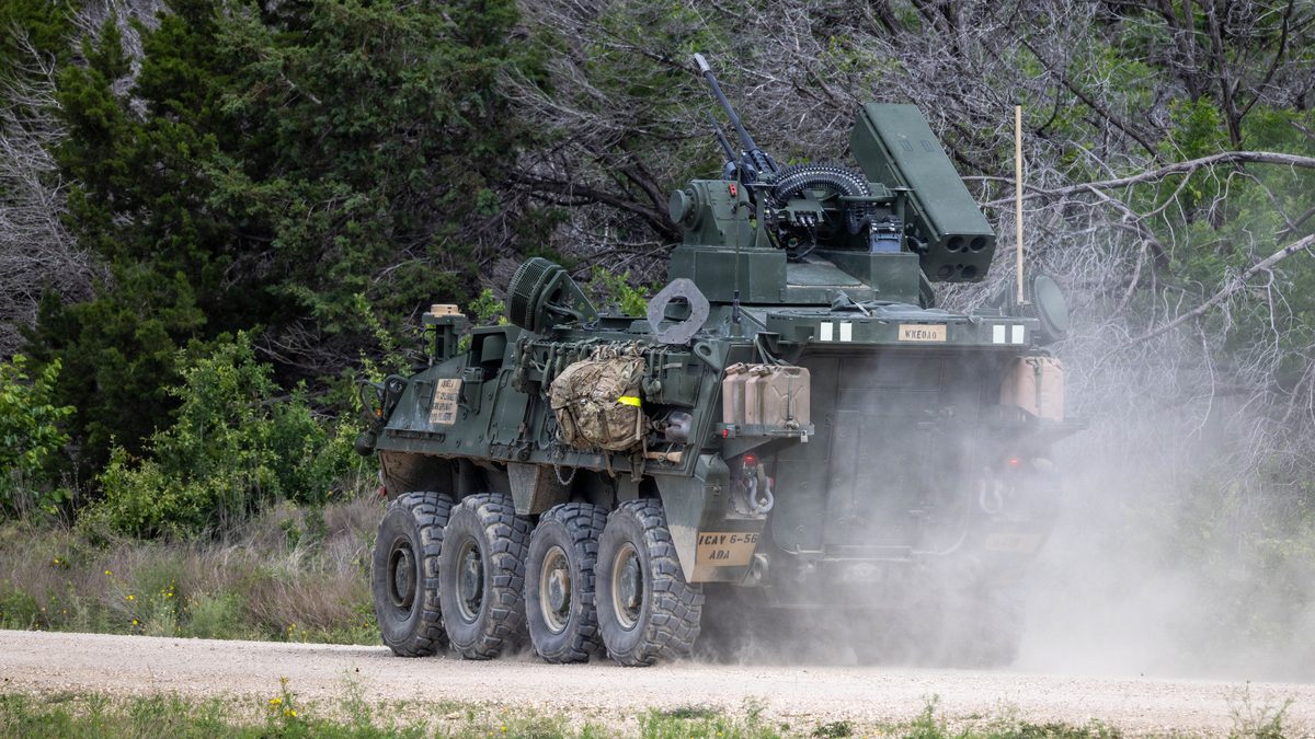 A U.S. Army SGT STOUT Stryker armoured vehicle of 6th Battalion, 56th Air Defense Artillery Regiment moves to its firing position at Fort Hood, Texas during the regiment's first live Stinger missile exercise in 14 years. The XM914 30mm chain gun is visible on the Moog RIwP remote weapon station.