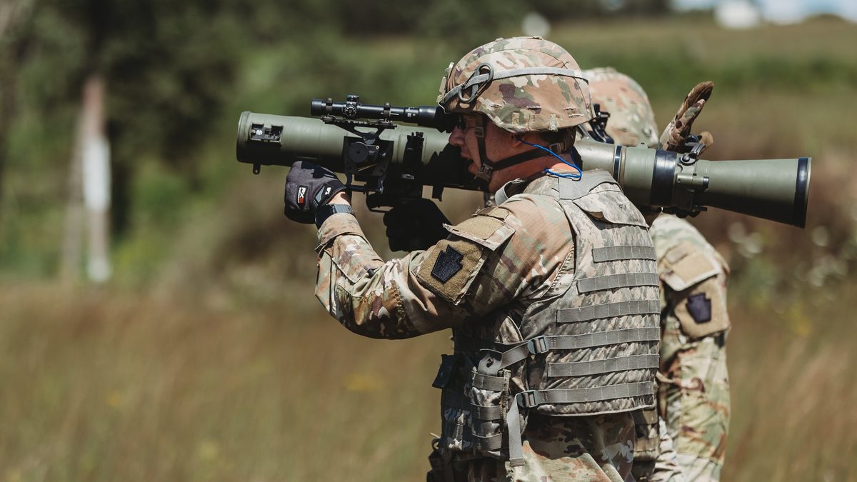 US Soldiers, 56th Stryker Brigade Combat Team, fire the M3 Carl-Gustaf at Fort Indiantown Gap, Pennsylvania, August 2023