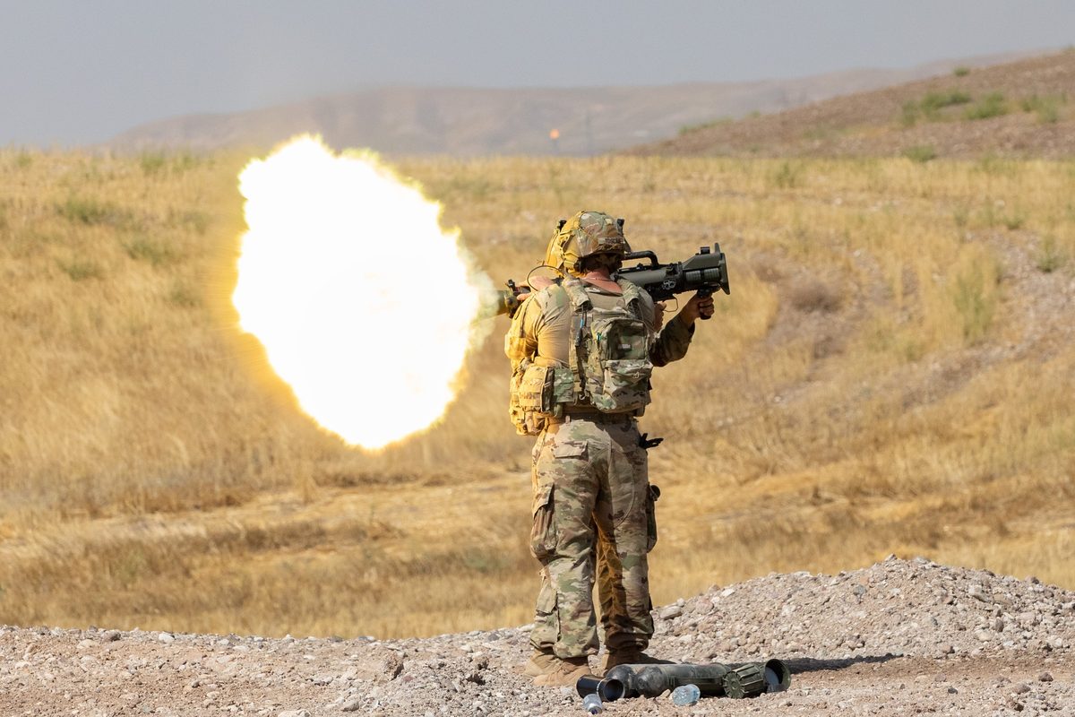 US Army Soldiers fire a Carl-Gustaf M4 weapon system during a training exercise in Northern Iraq, September 2024