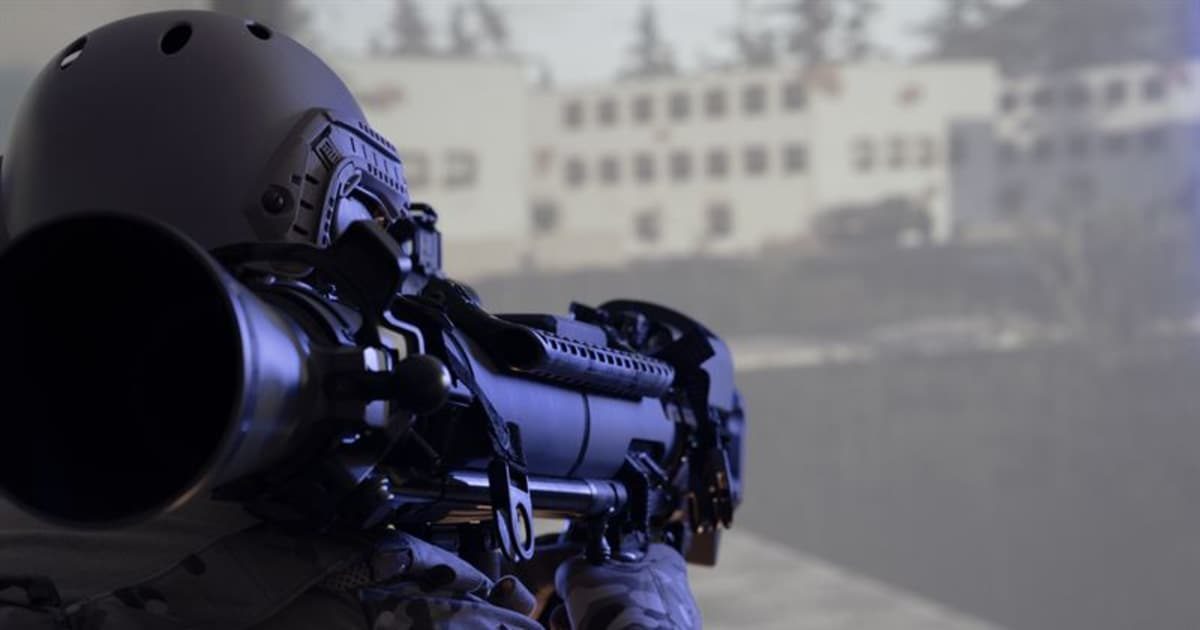 Saab Ground Combat Indoor Trainer Studio variant publicity image for I/ITSEC 2025, with Carl-Gustaf and NLAW replica weapons