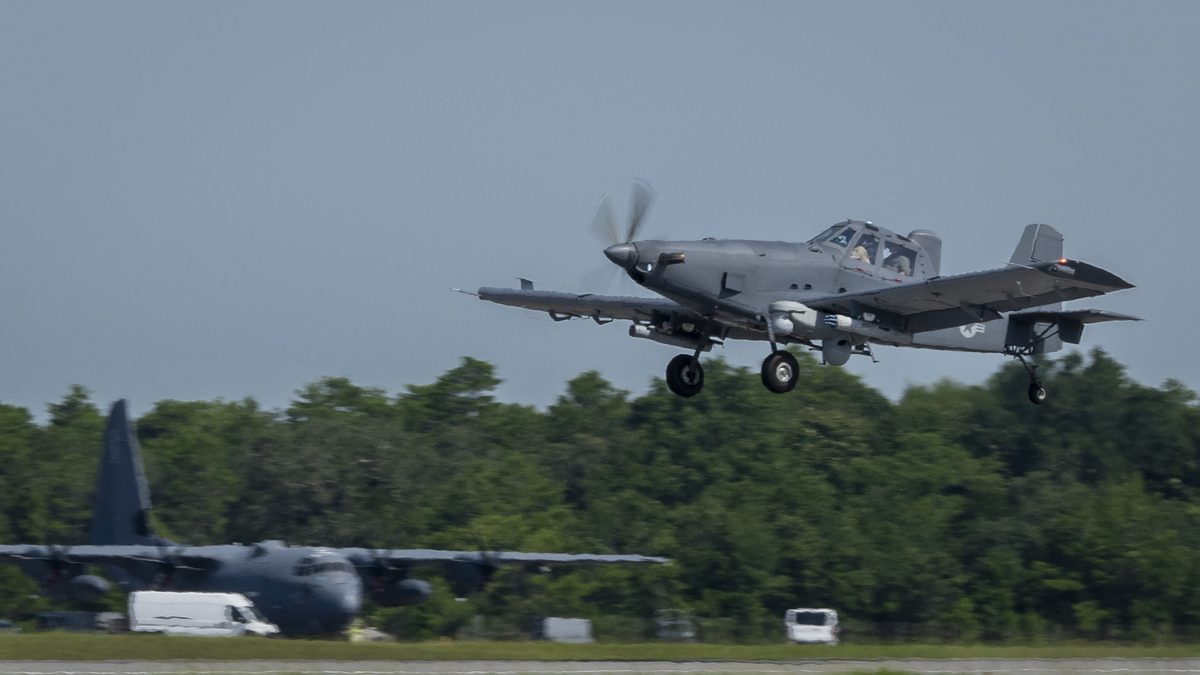 An OA-1K Skyraider II takes off during developmental testing at Eglin Air Force Base, Florida.