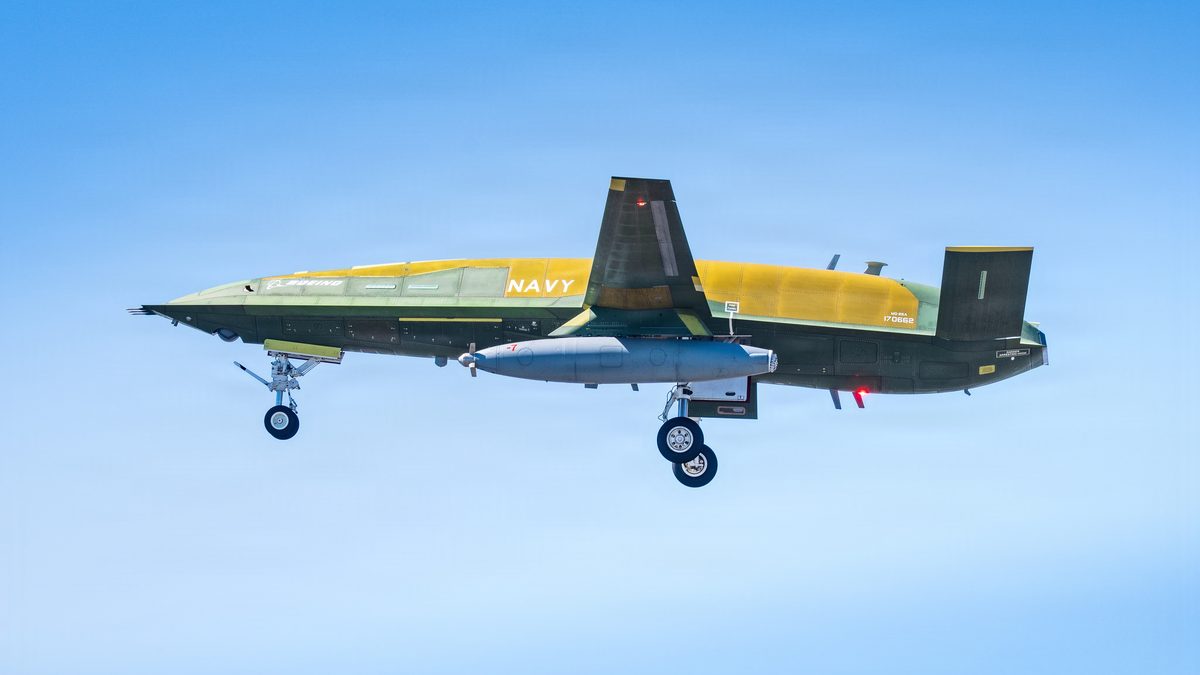 A US Navy MQ-25A Stingray unmanned tanker in flight during its first flight on 25 April 2026