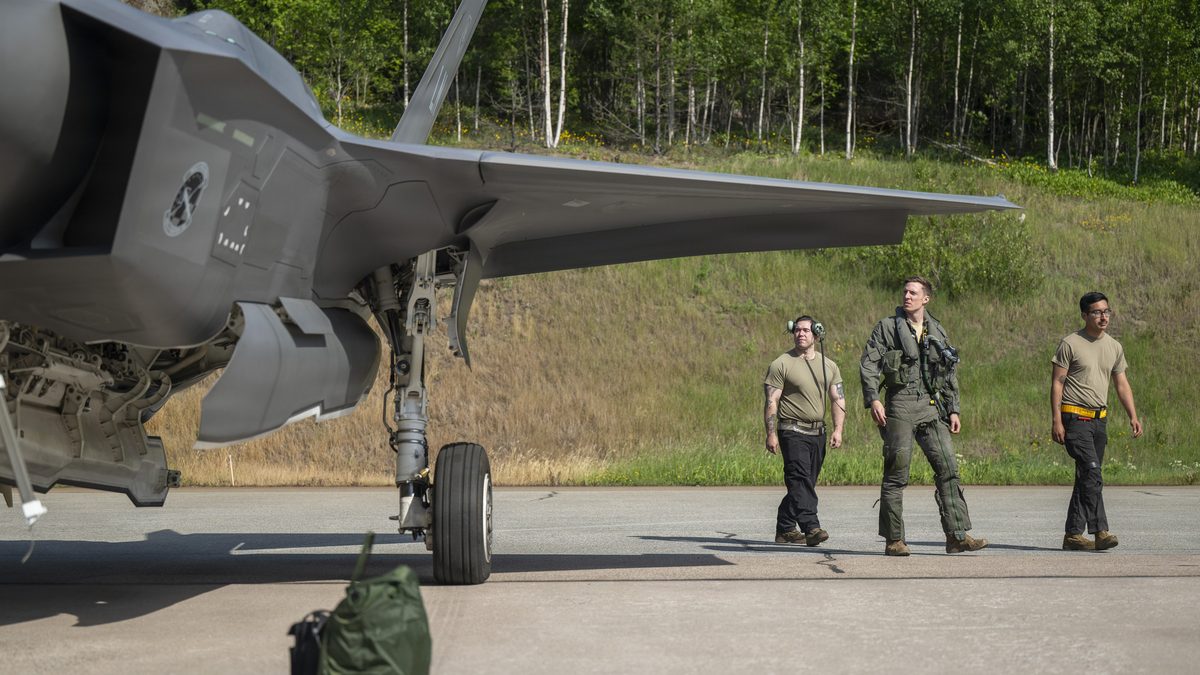 F-35A Lightning II on the flight line with aircrew during Ramstein Flag 26, Pirkkala Air Base, Finland.