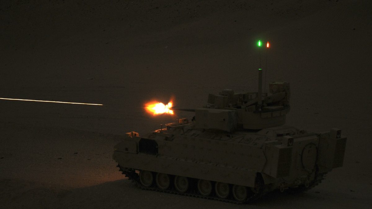 M2A3 Bradley fires its M242 Bushmaster 25mm cannon, the 25x137mm family shared with the Oerlikon KBA