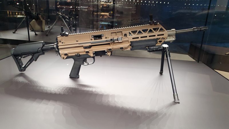 FN EVOLYS ultralight machine gun displayed on its bipod, right side profile