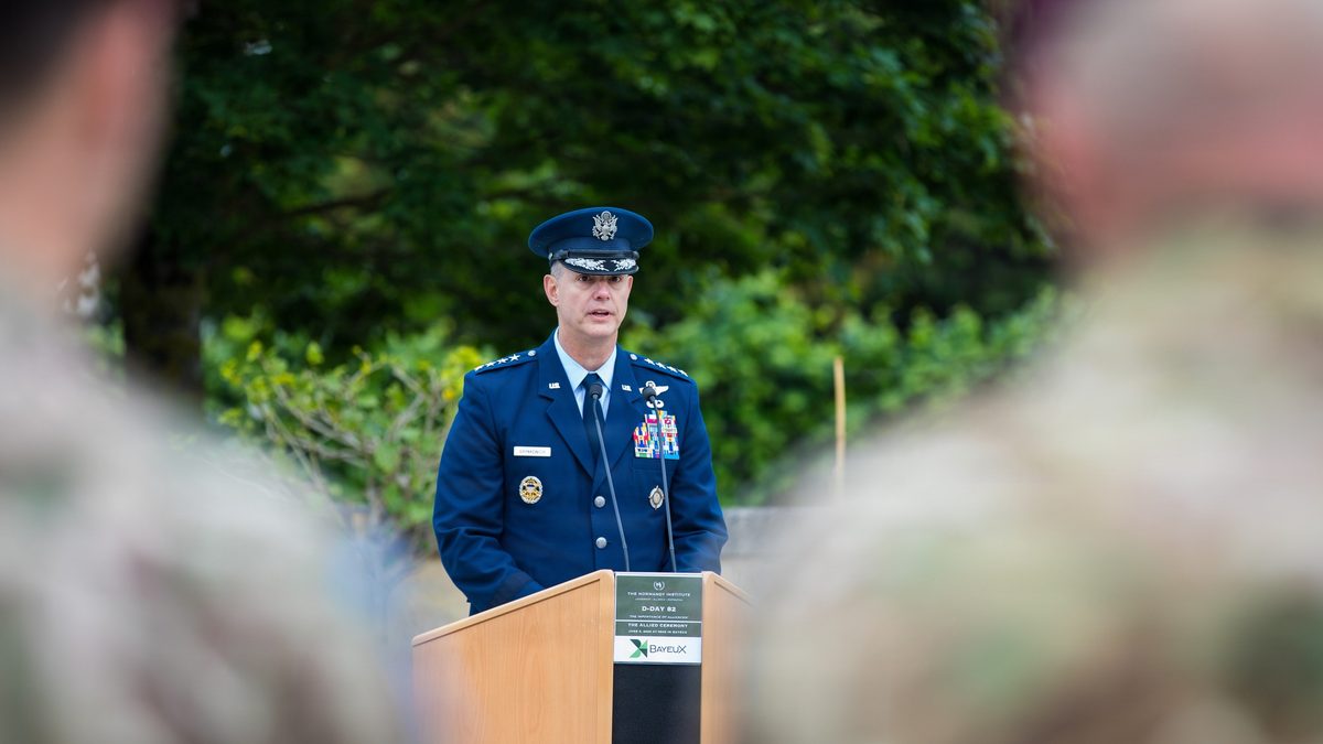 SACEUR Gen. Alexus Grynkewich speaks at the D-Day 82nd-anniversary Allied ceremony in Bayeux.