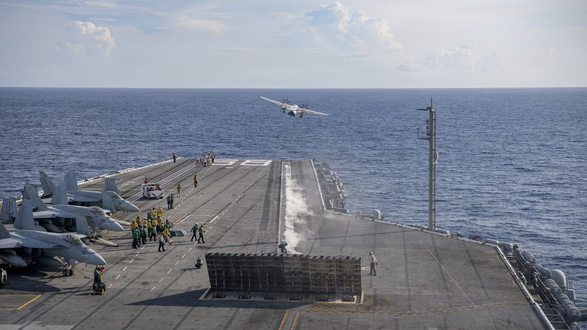 A C-2A Greyhound of VRC-40 makes the last catapult launch of the type from USS Nimitz, 25 June 2026