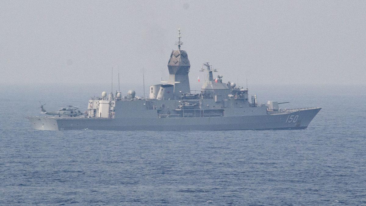 An Anzac-class frigate, a MEKO 200-family design, under way during multinational Exercise La Perouse