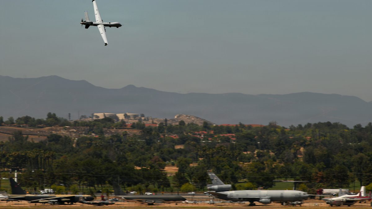 An MQ-9 Reaper remotely piloted aircraft taking off, illustrating the MQ-9B family