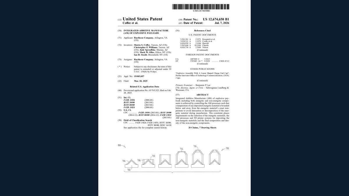Front page of US Patent 12,674,650 B1 — Integrated Additive Manufacture of Explosive Payloads, Raytheon Company, granted 7 July 2026