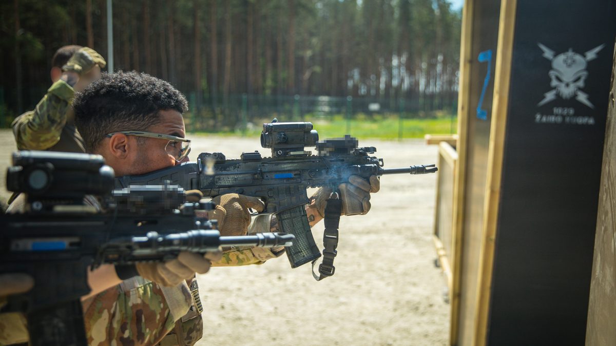 A soldier fires a CZ BREN rifle during close-quarters battle training with Czech forces, Lithuania, June 2026