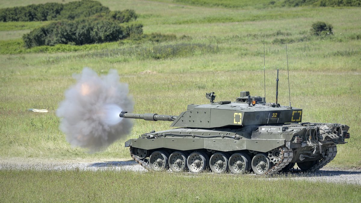 A Challenger 2 firing its L30 gun on Castlemartin Ranges, Pembrokeshire