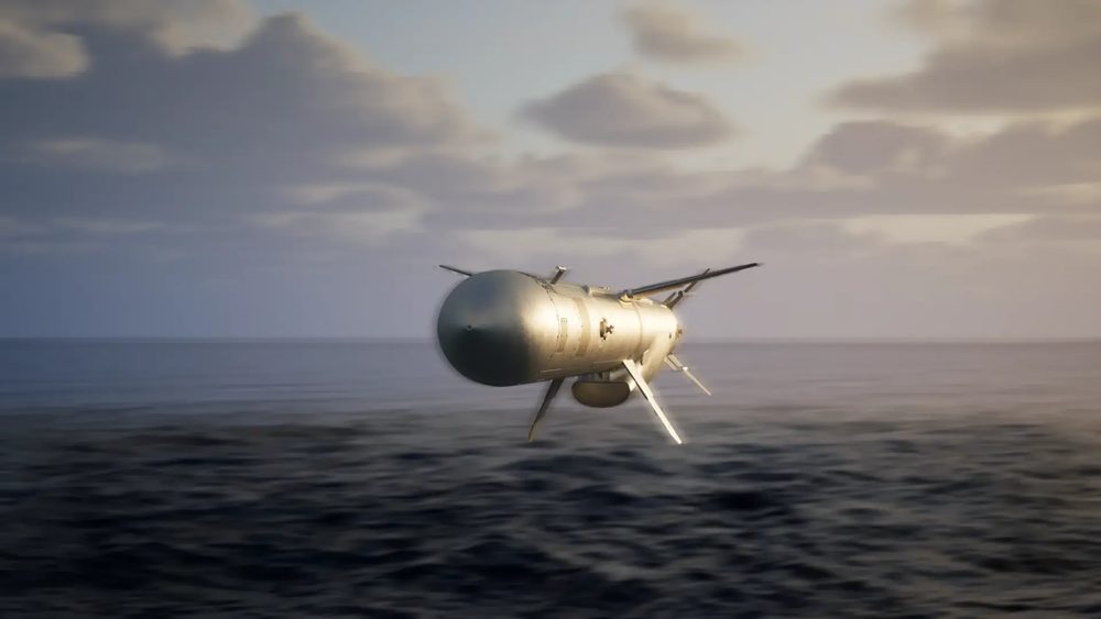 Blue Spear missile in low sea-skimming flight above open water