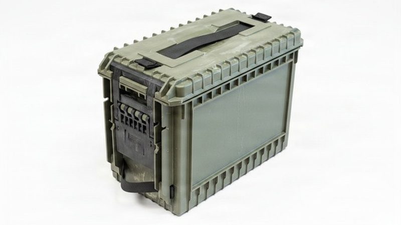 An olive-green polymer ammunition container from the US Army SixPAC system.