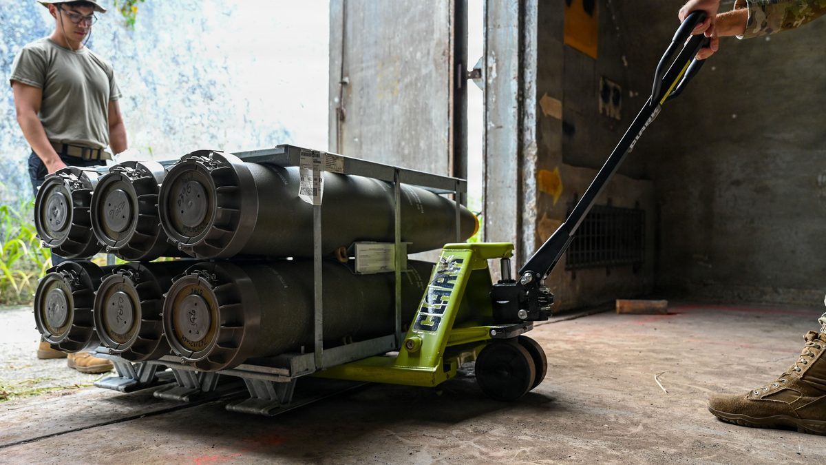 United States Air Force munitions systems Airmen move a pallet of guided bomb unit bases at Ceiba, Puerto Rico