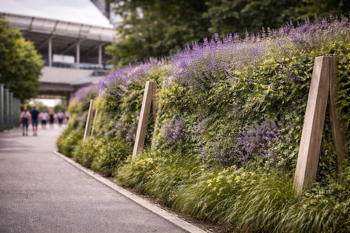 A lush green living wall barrier with planted vegetation alongside a city sidewalk, illustrating the Blast EcoShield concept of nature-inspired protective engineering.