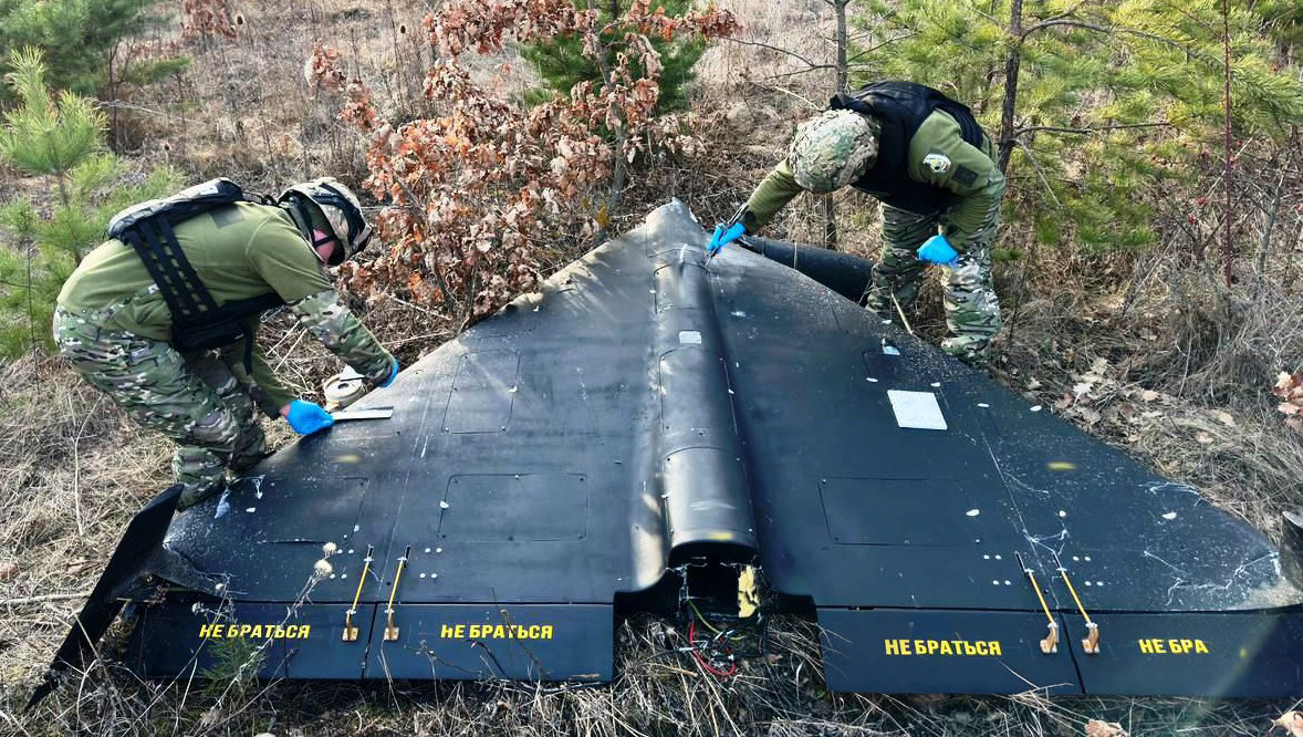 Wreckage of a downed Geran-2 drone showing delta-wing planform