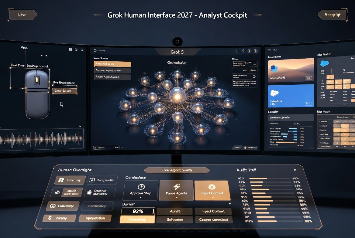Grok 2027 analyst cockpit — multi-monitor workstation with 16-agent swarm visualisation