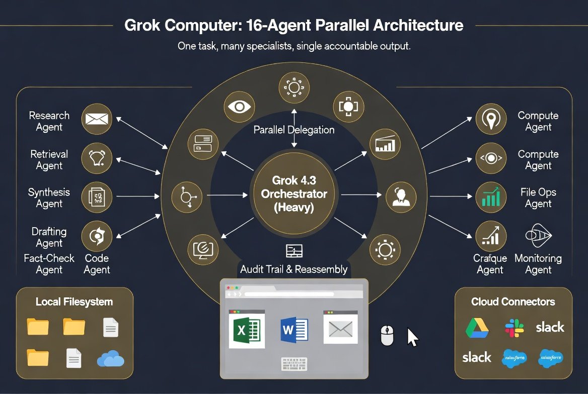 Grok Computer 16-agent parallel architecture diagram